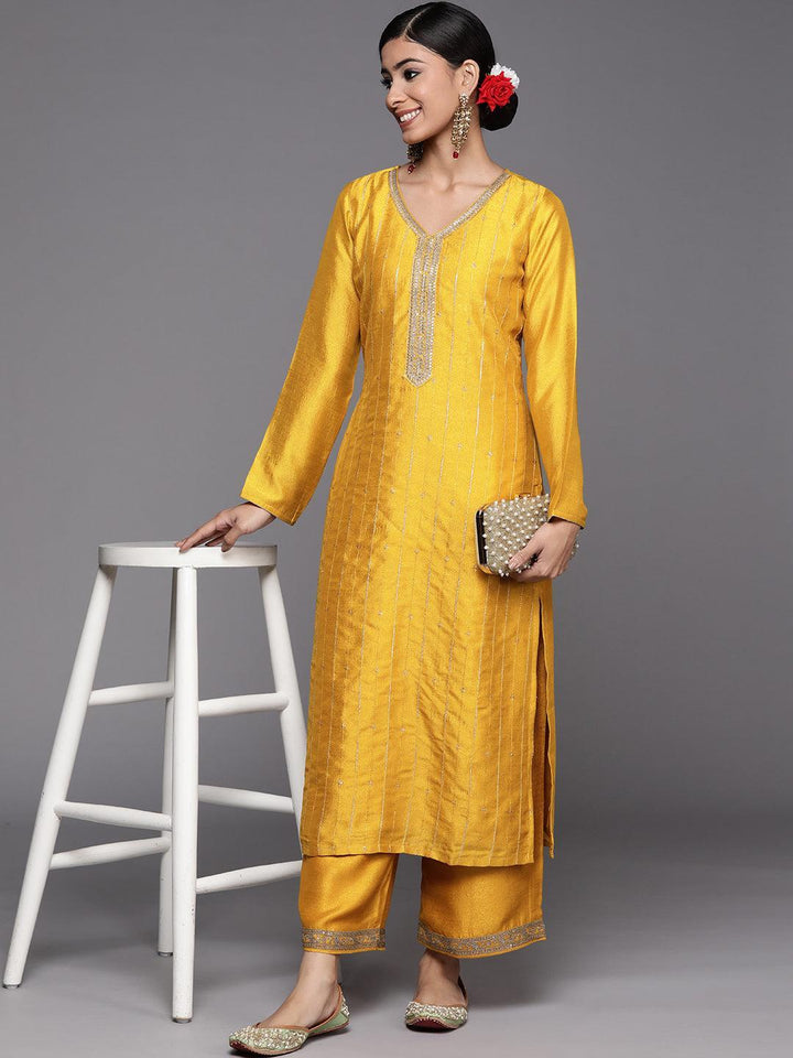 Mustard Embroidered Silk Straight Kurta