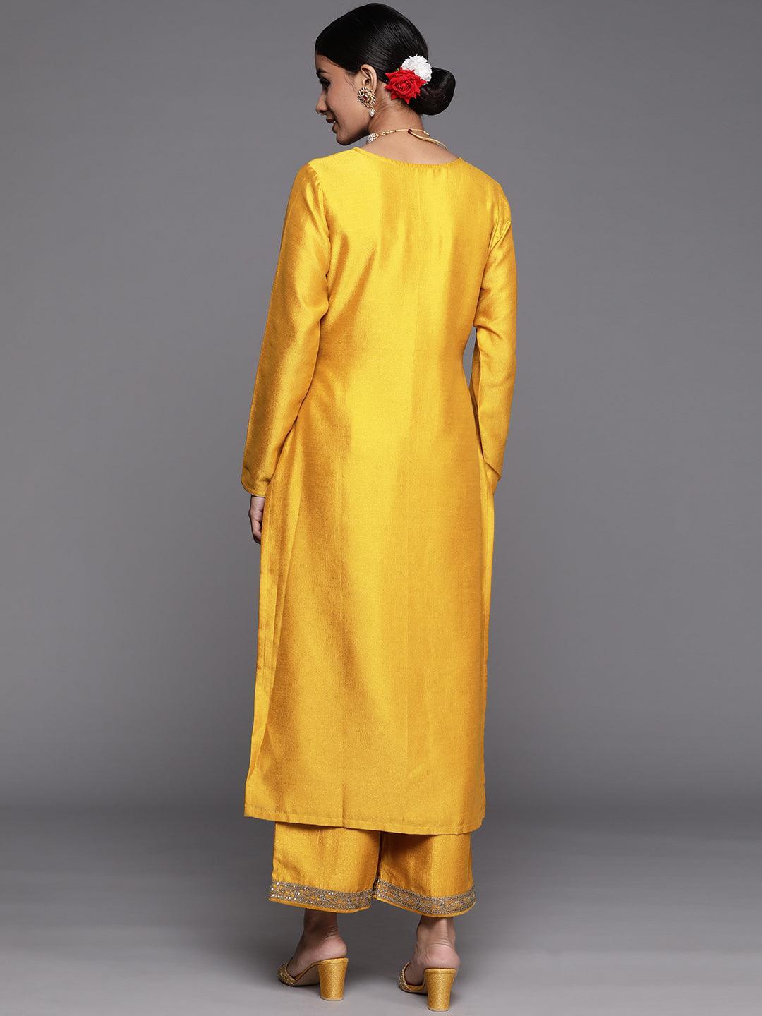 Mustard Embroidered Silk Straight Kurta - ShopLibas