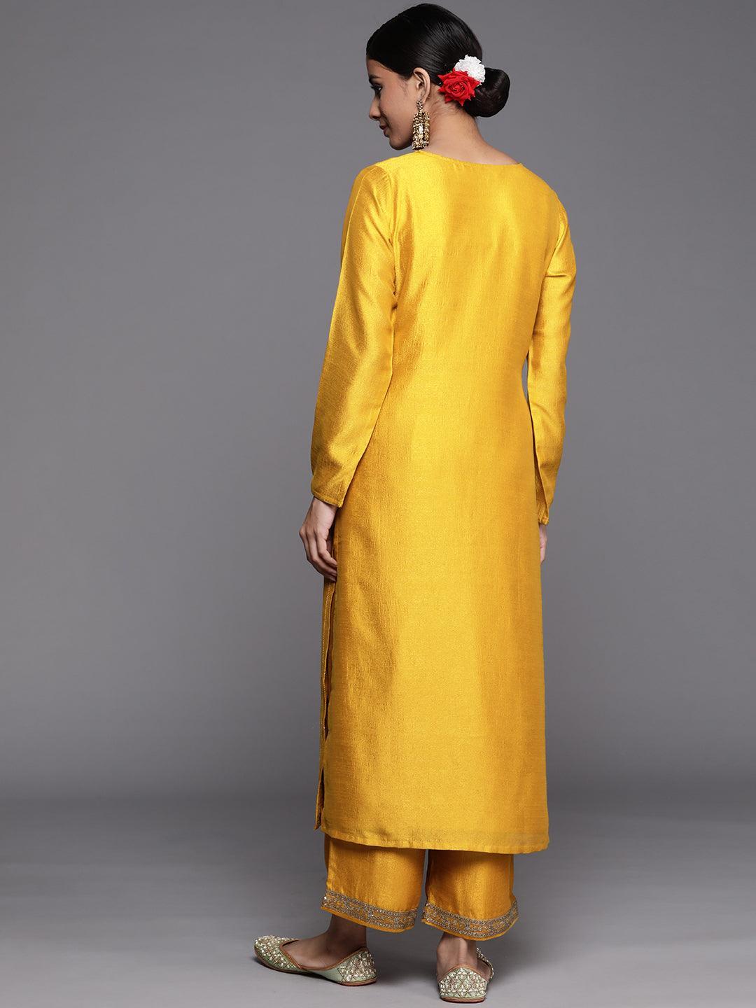 Mustard Embroidered Silk Straight Kurta - ShopLibas 