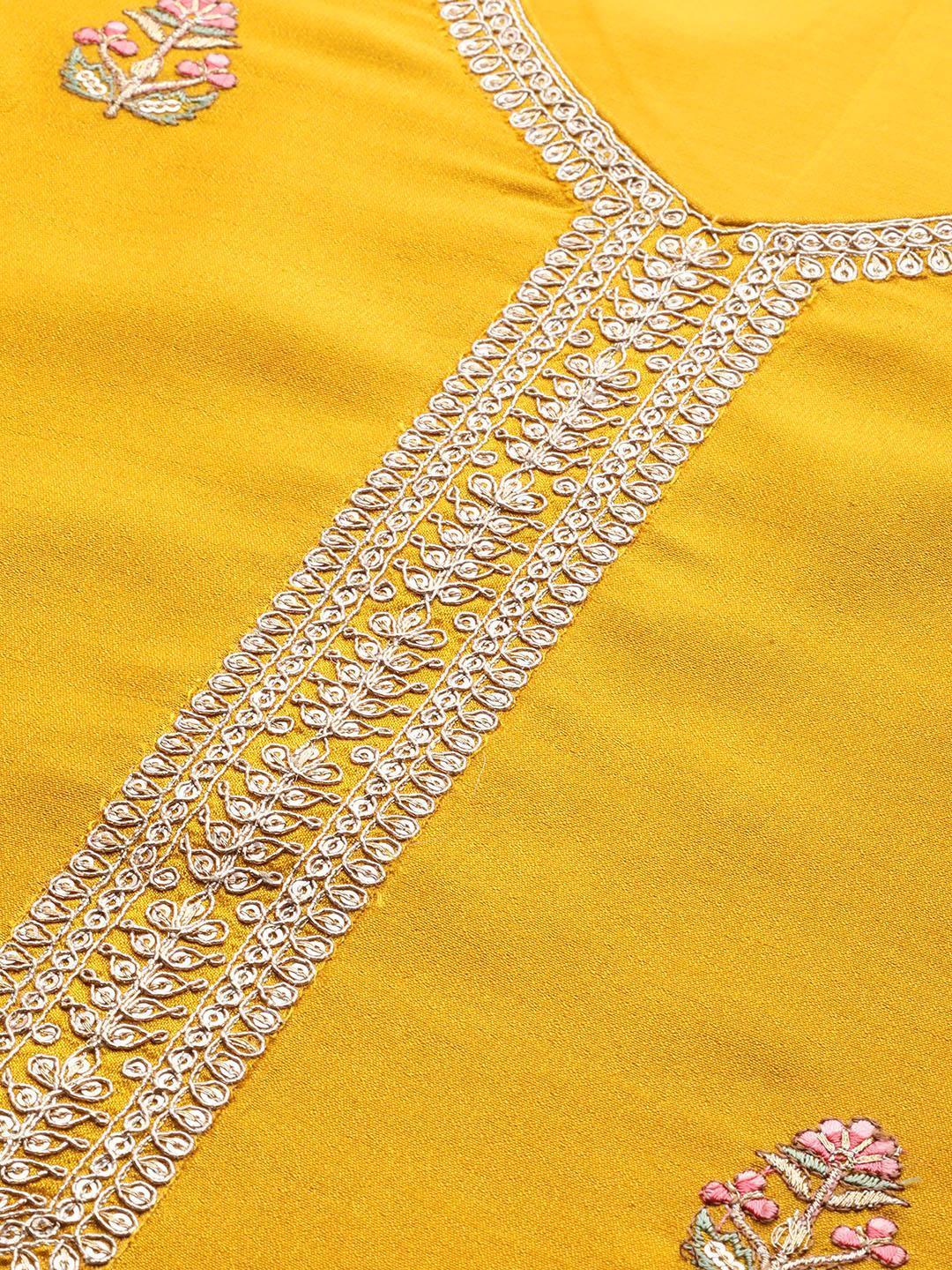 Mustard Embroidered Silk Straight Kurta - ShopLibas