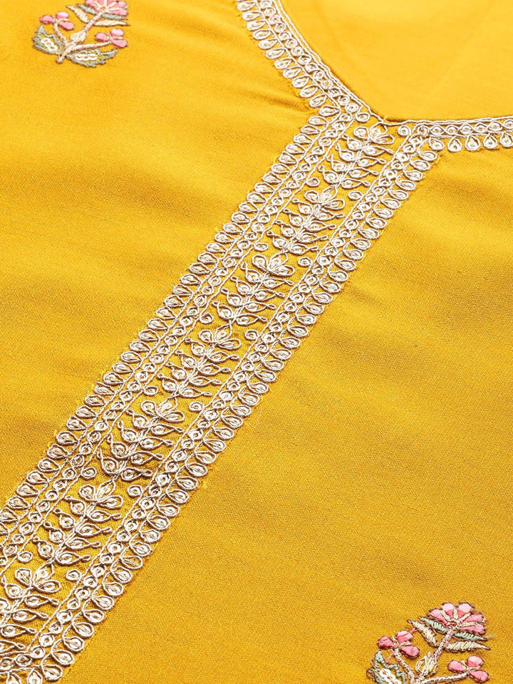 Mustard Embroidered Silk Straight Kurta - ShopLibas