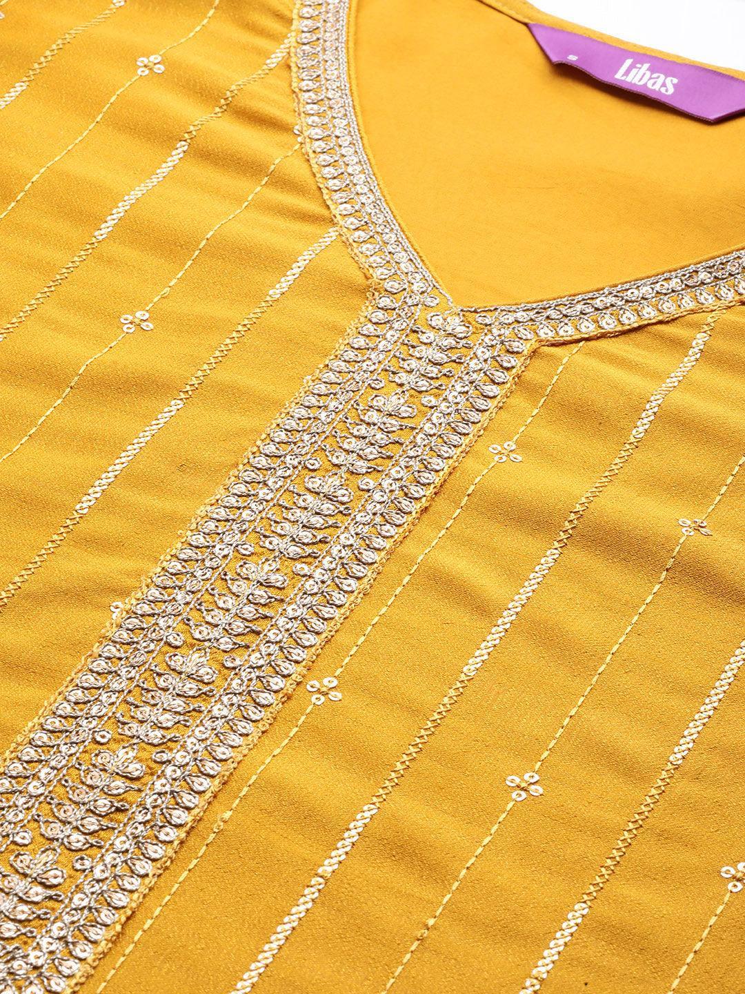Mustard Embroidered Silk Straight Kurta - ShopLibas 