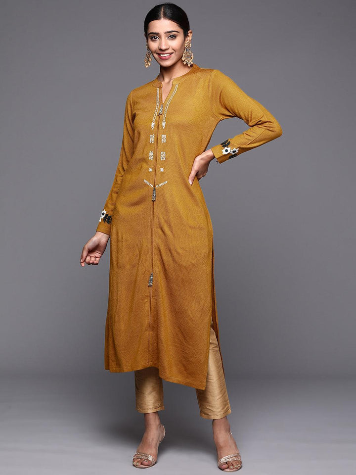 Mustard Embroidered Wool Straight Kurta - ShopLibas