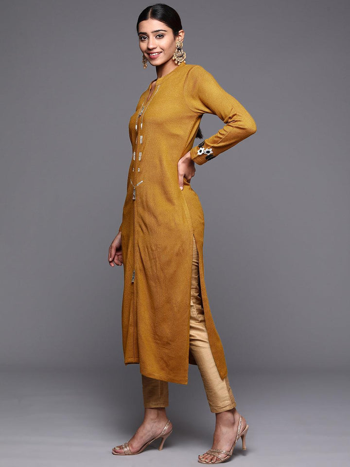 Mustard Embroidered Wool Straight Kurta - ShopLibas