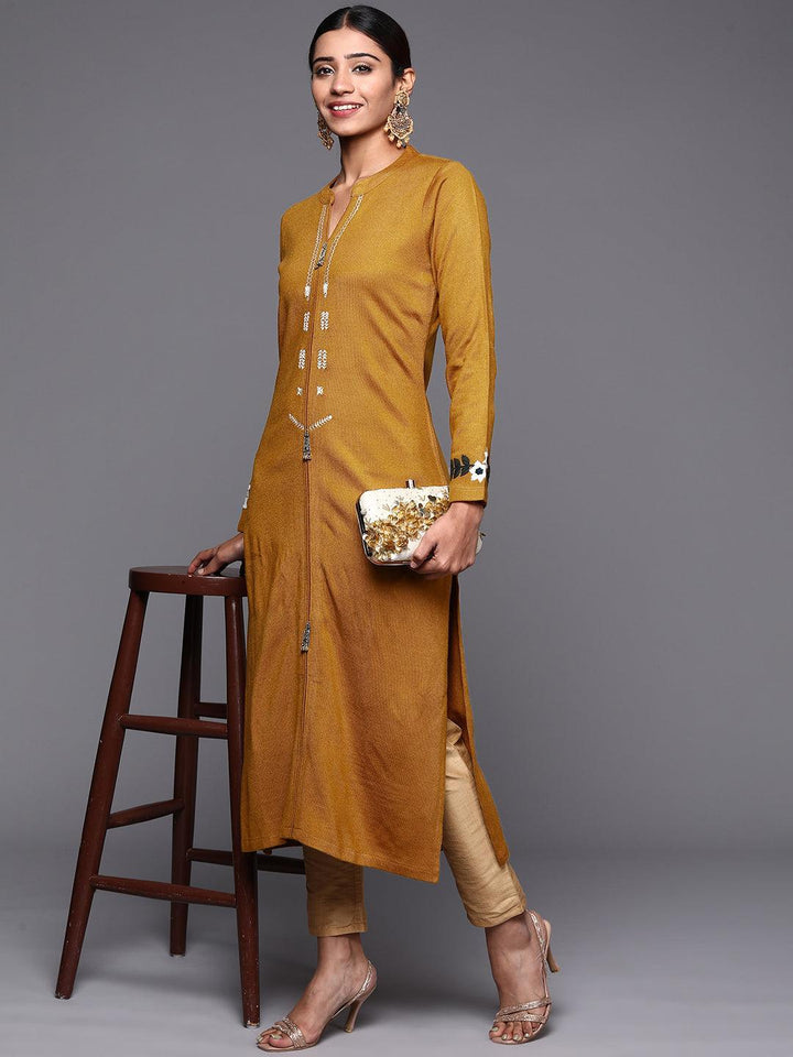 Mustard Embroidered Wool Straight Kurta - ShopLibas