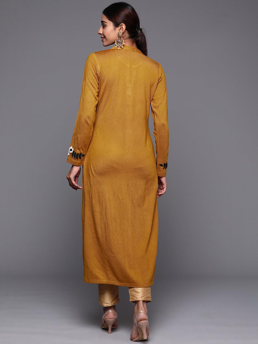 Mustard Embroidered Wool Straight Kurta - ShopLibas