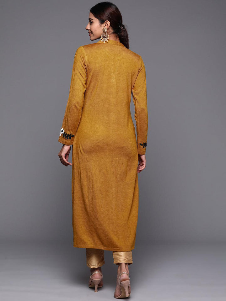 Mustard Embroidered Wool Straight Kurta - ShopLibas