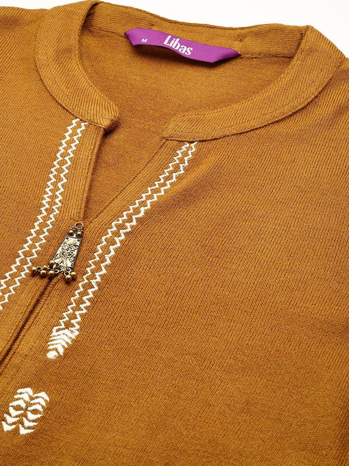 Mustard Embroidered Wool Straight Kurta - ShopLibas