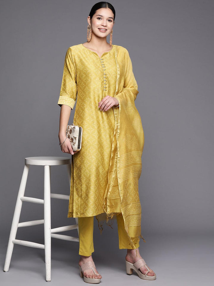 Mustard Printed Chanderi Silk Straight Suit Set With Trousers