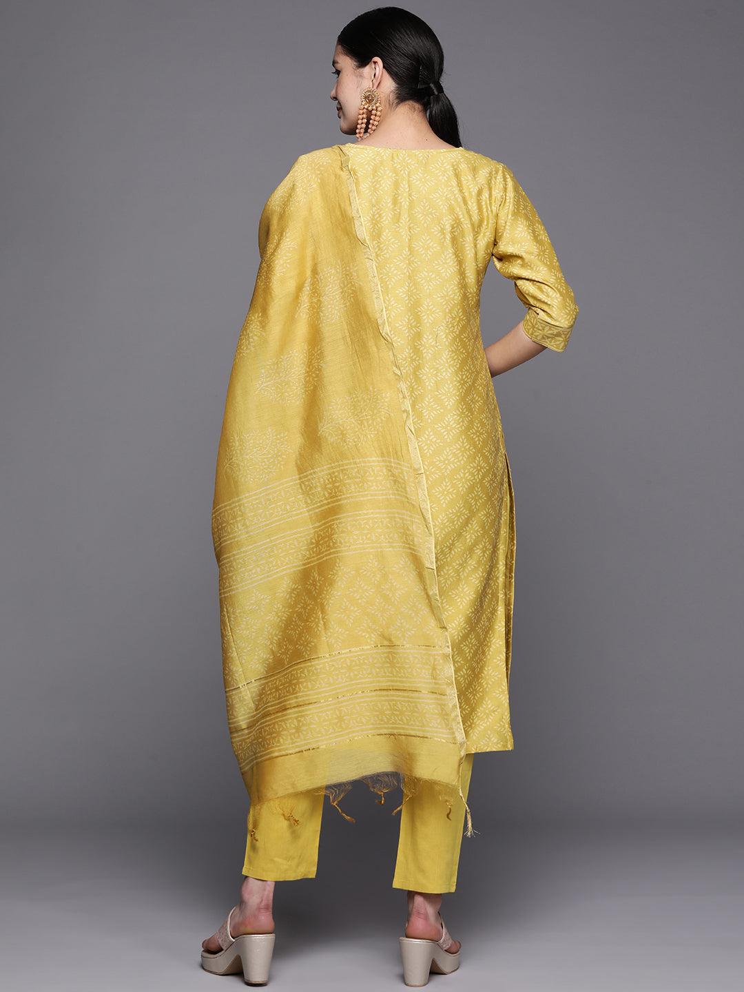 Mustard Printed Chanderi Silk Straight Suit Set With Trousers - ShopLibas 
