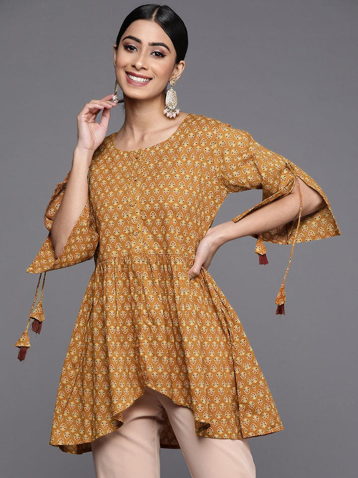 Mustard Printed Cotton A-Line Kurti - ShopLibas