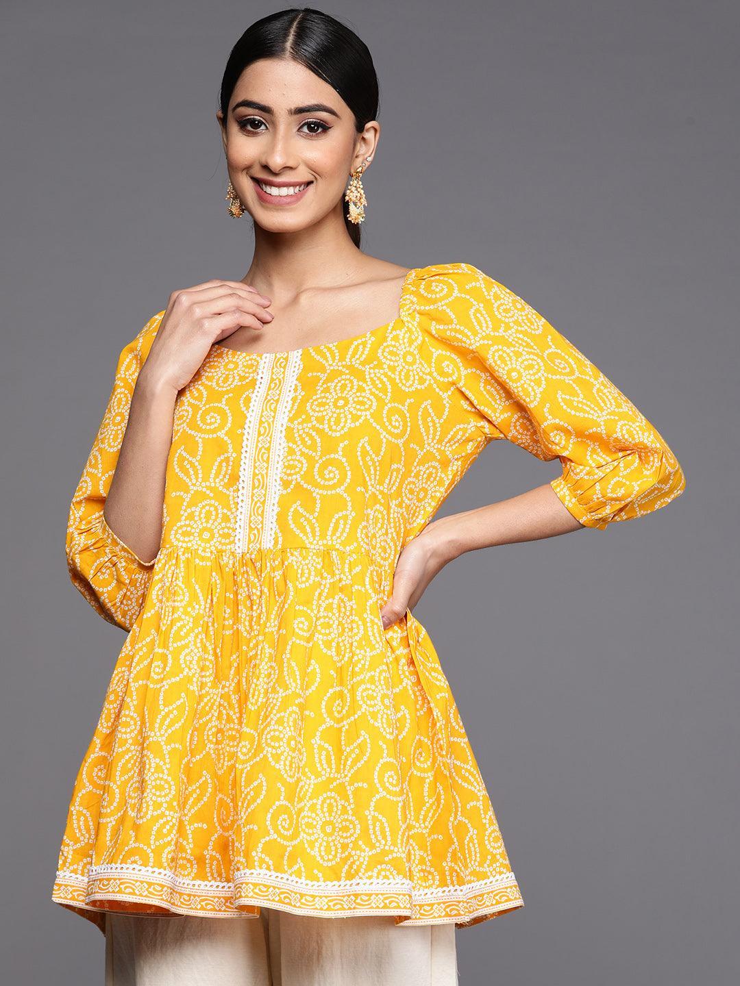 Mustard Printed Cotton A-Line Kurti - ShopLibas