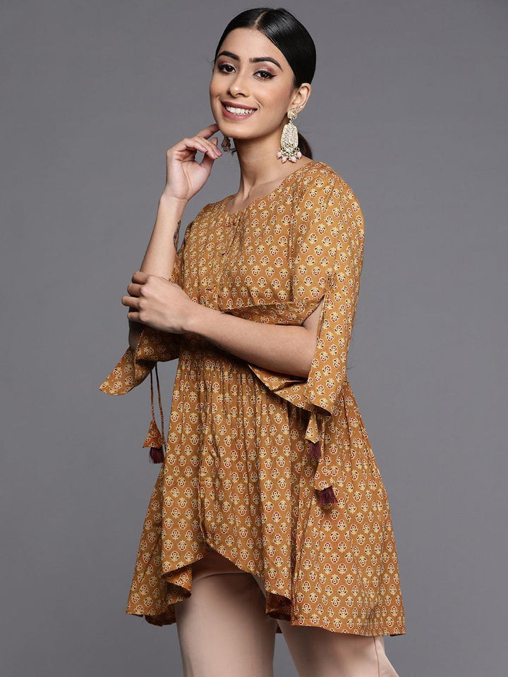 Mustard Printed Cotton A-Line Kurti - ShopLibas