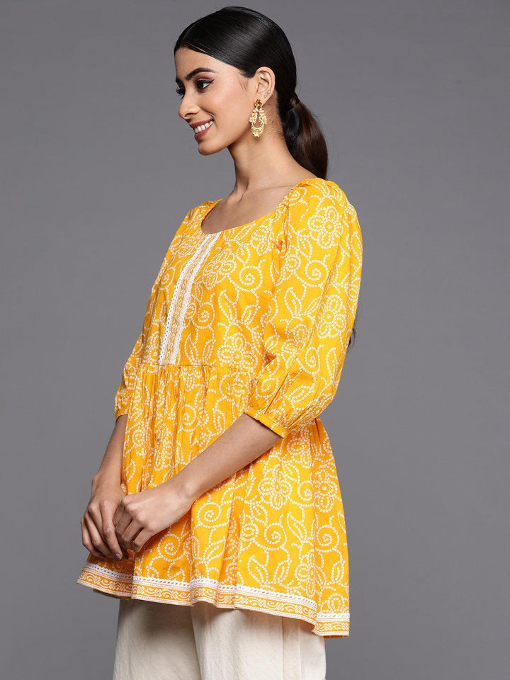 Mustard Printed Cotton A-Line Kurti - ShopLibas