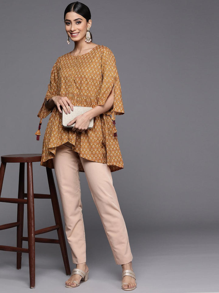 Mustard Printed Cotton A-Line Kurti - ShopLibas