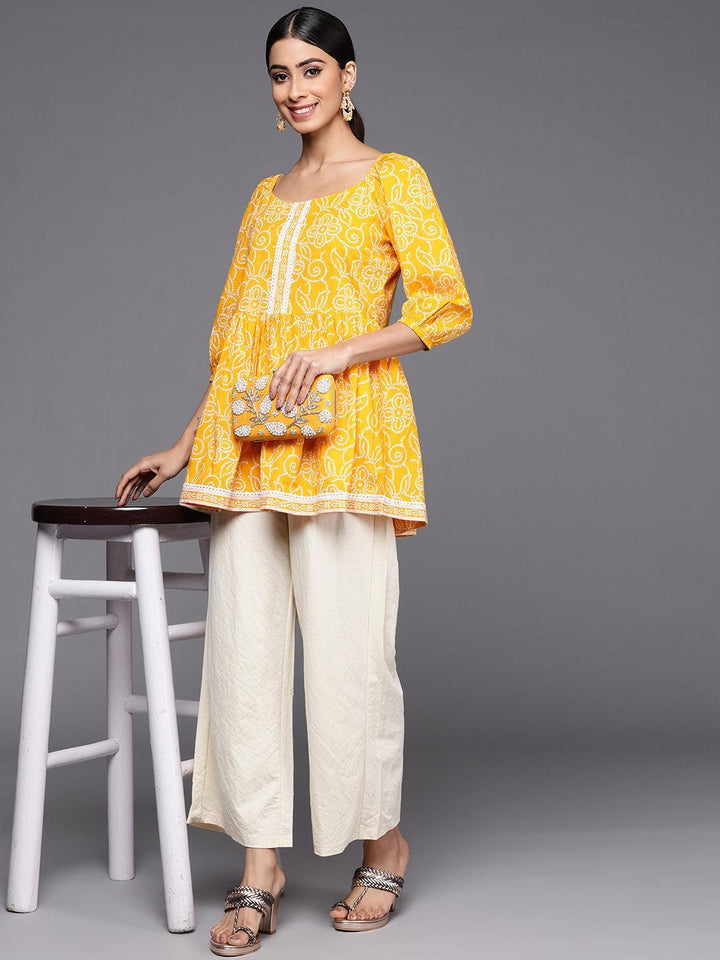 Mustard Printed Cotton A-Line Kurti - ShopLibas