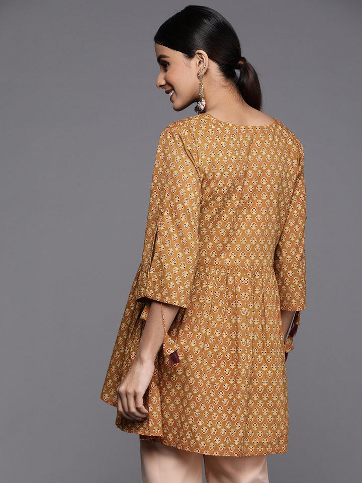 Mustard Printed Cotton A-Line Kurti - ShopLibas