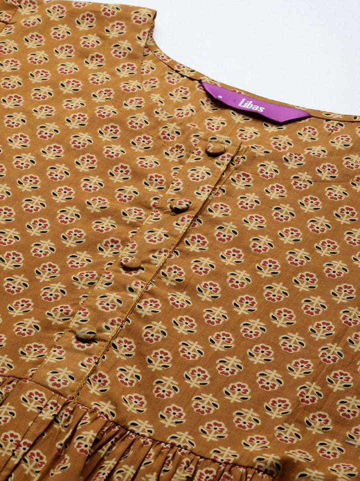 Mustard Printed Cotton A-Line Kurti - ShopLibas