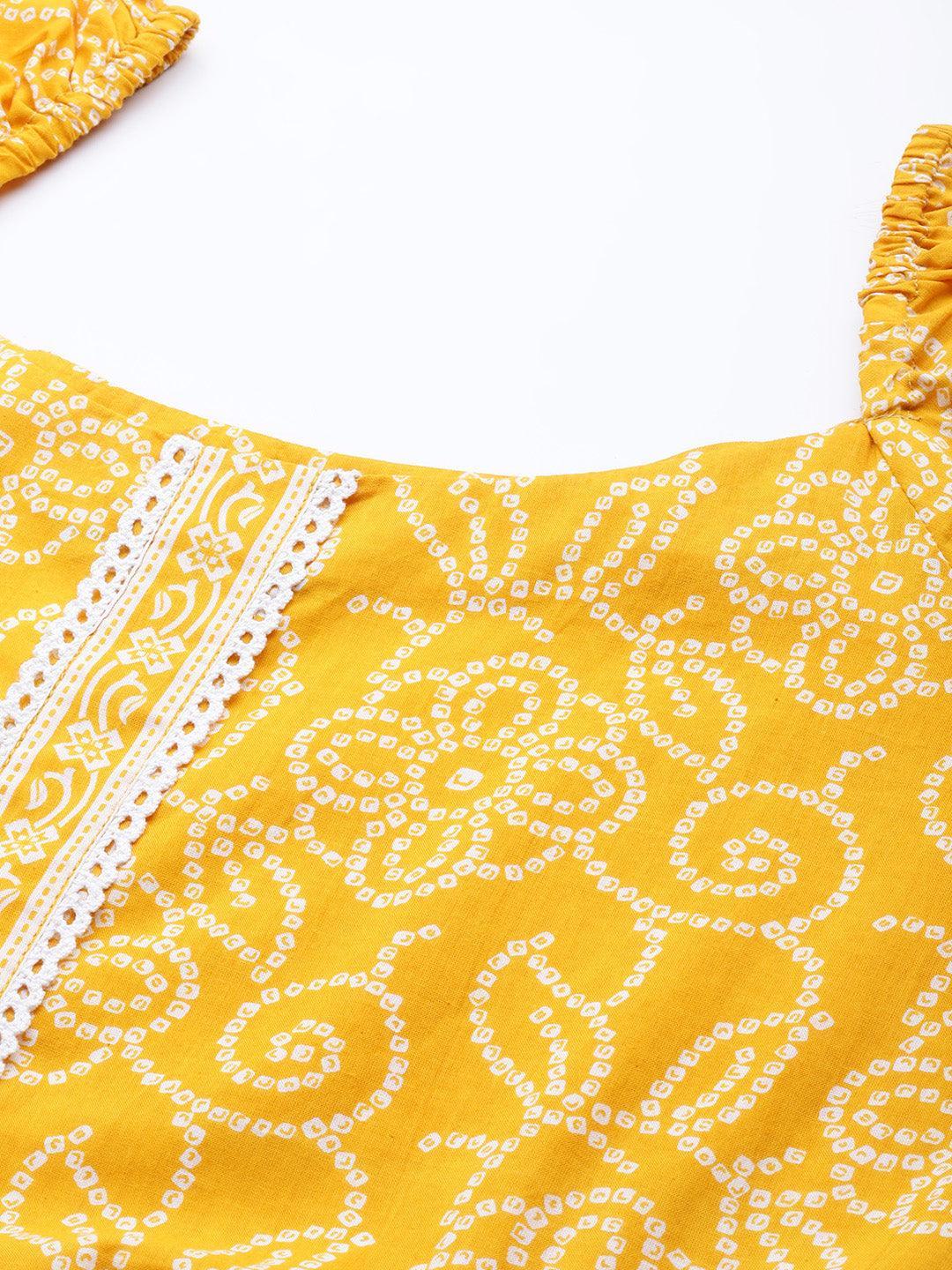 Mustard Printed Cotton A-Line Kurti - ShopLibas