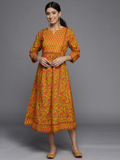 Mustard Printed Cotton Dress - ShopLibas