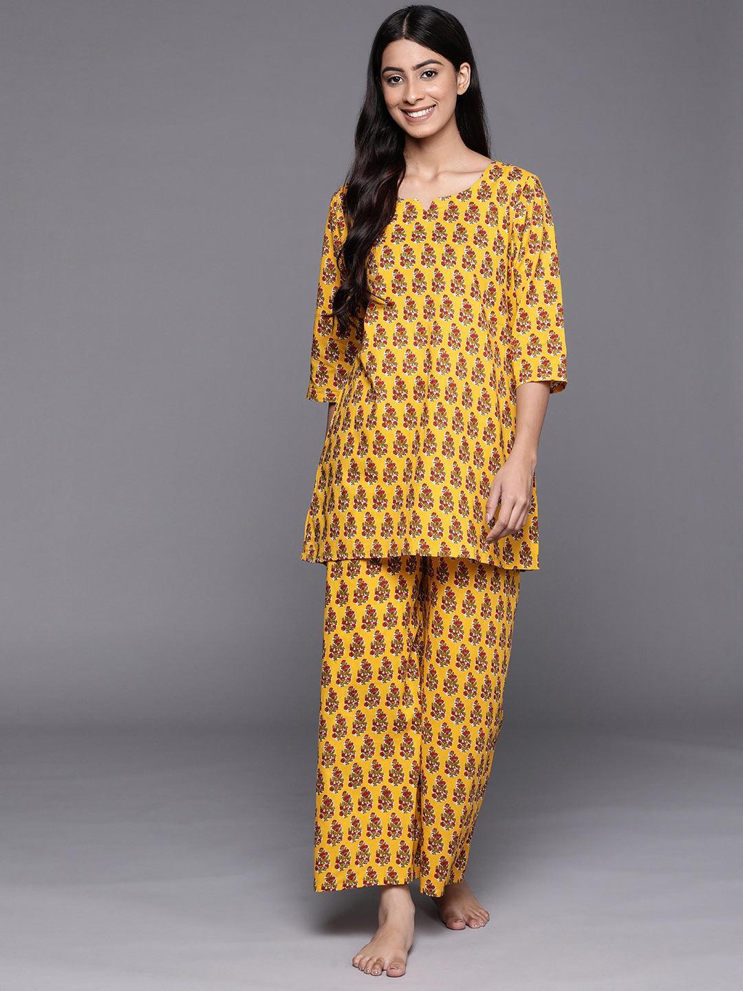 Mustard Printed Cotton Night Suit - ShopLibas
