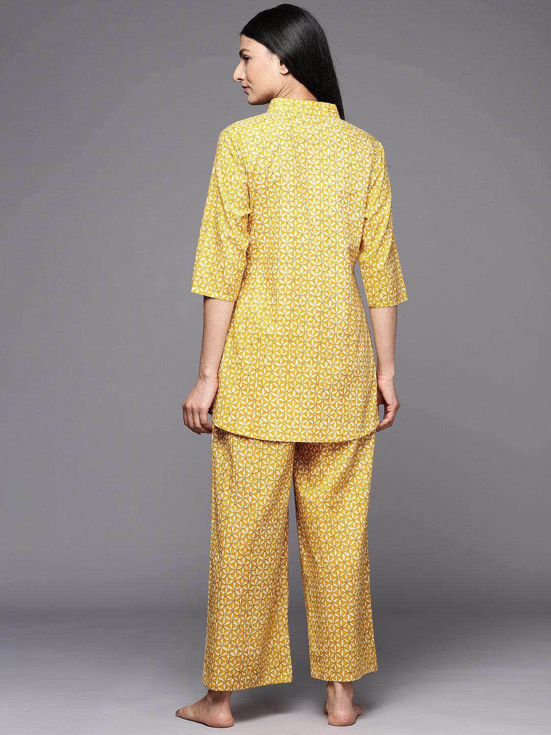 Mustard Printed Cotton Night Suit - ShopLibas