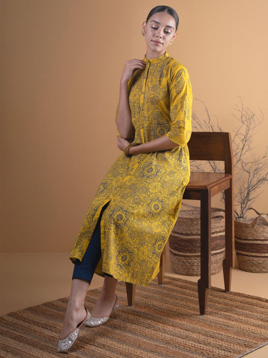 Mustard Printed Cotton Straight Kurta - ShopLibas