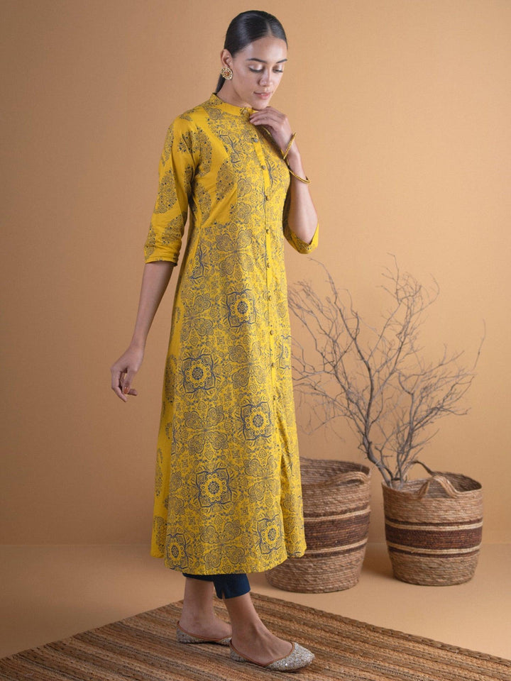 Mustard Printed Cotton Straight Kurta - ShopLibas