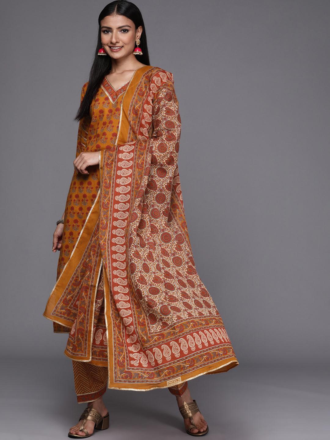 Mustard Printed Cotton Straight Suit Set - ShopLibas