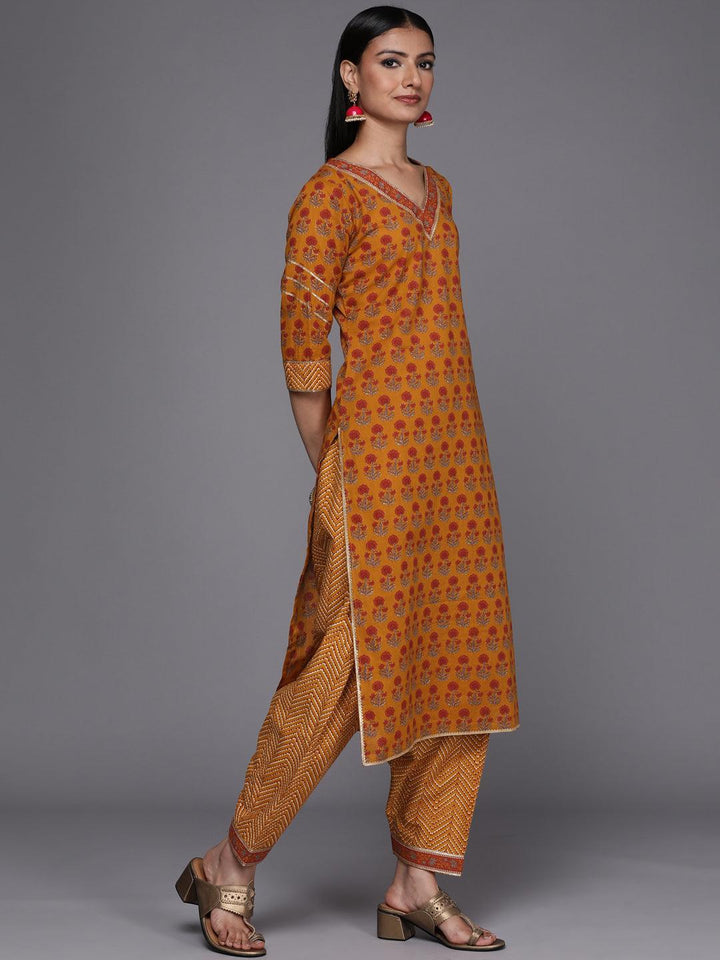 Mustard Printed Cotton Straight Suit Set - ShopLibas