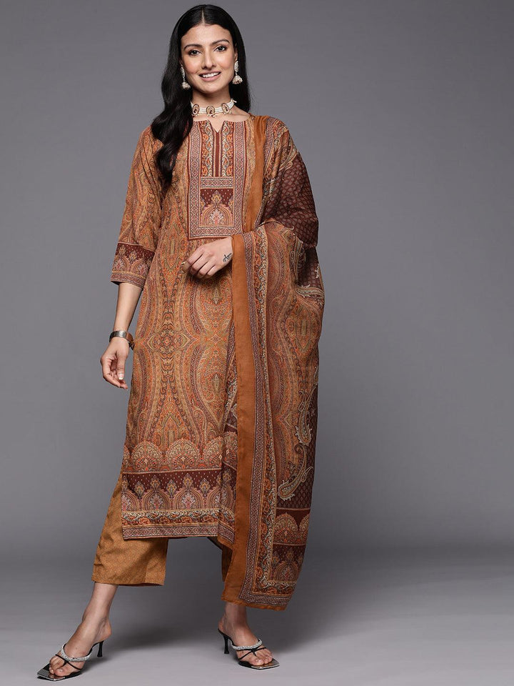 Mustard Printed Crepe Straight Suit Set With Trousers
