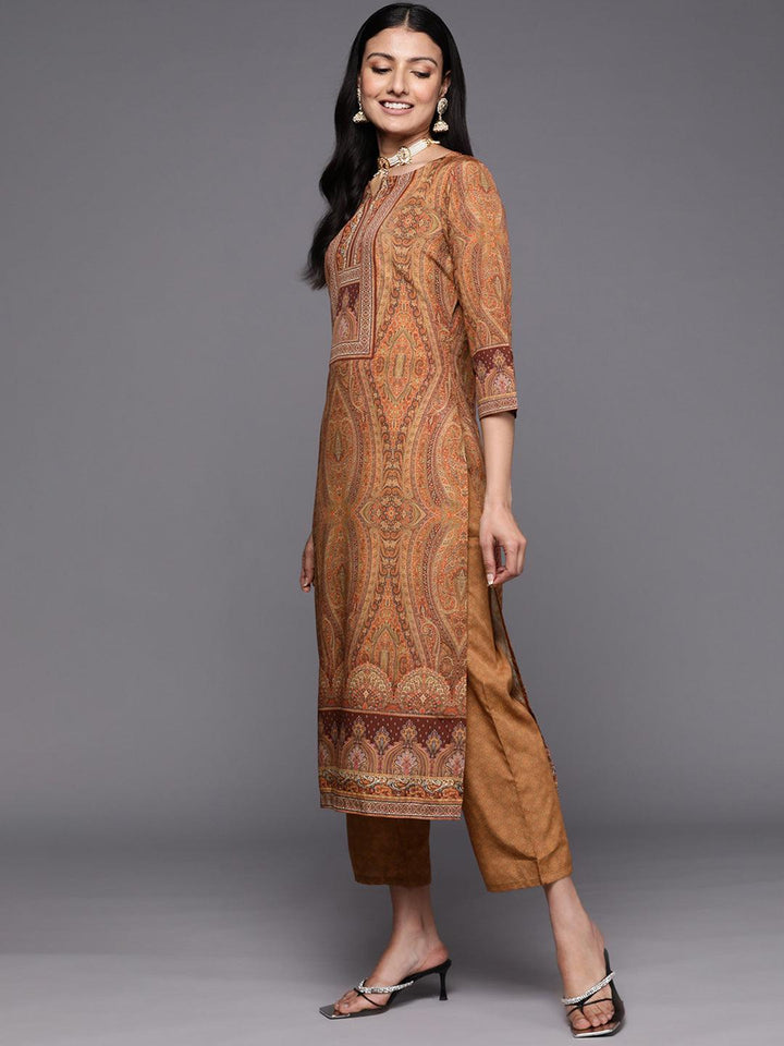 Mustard Printed Crepe Straight Suit Set With Trousers