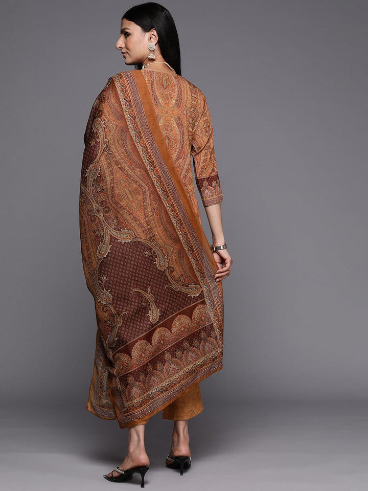 Mustard Printed Crepe Straight Suit Set With Trousers