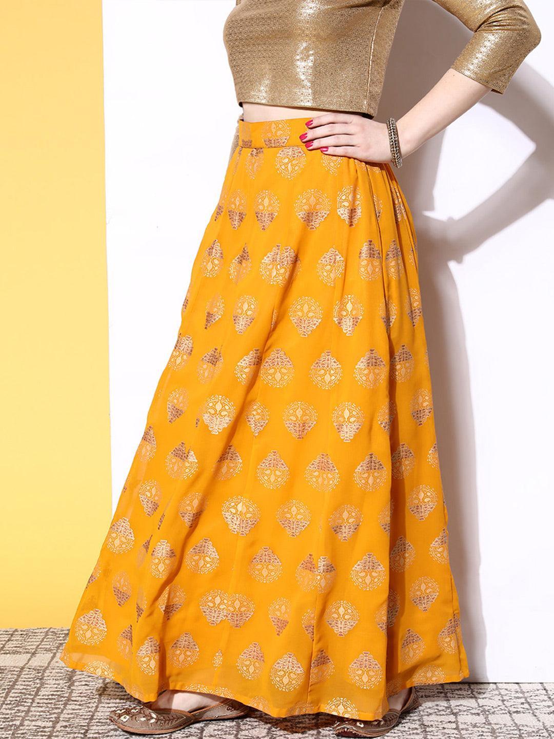 Mustard Printed Georgette Skirt - ShopLibas