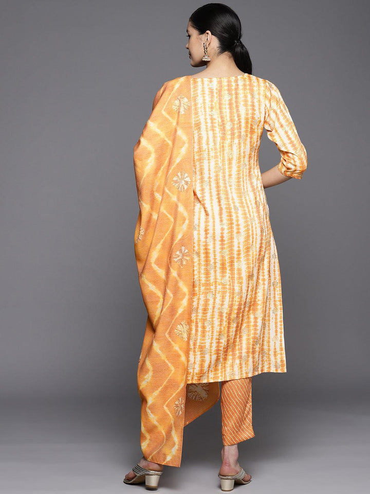 Mustard Printed Rayon Straight Suit Set With Trousers