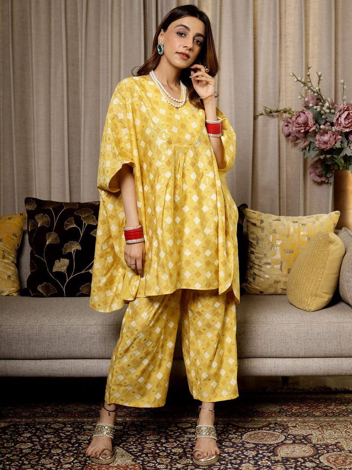 Mustard Printed Silk Blend Kaftan Kurta Set With Palazzos