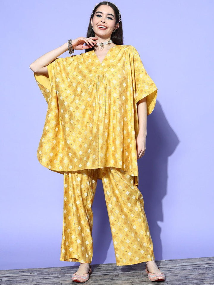 Mustard Printed Silk Blend Kaftan Kurta Set With Palazzos
