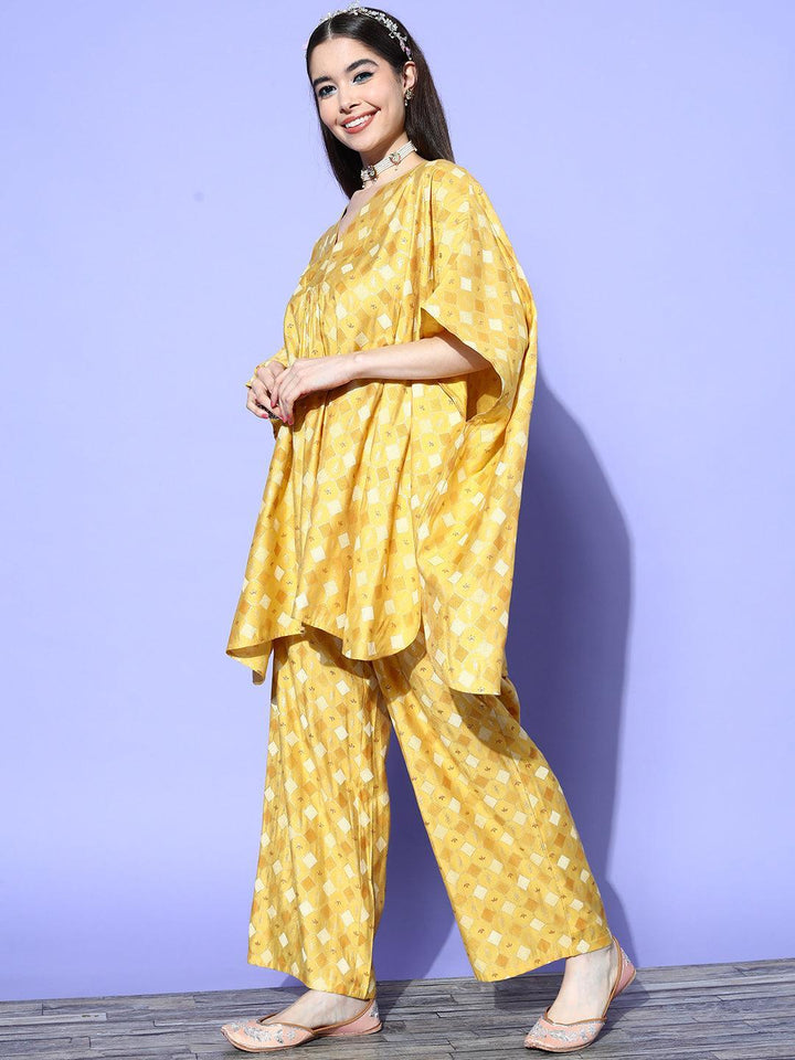 Mustard Printed Silk Blend Kaftan Kurta Set With Palazzos