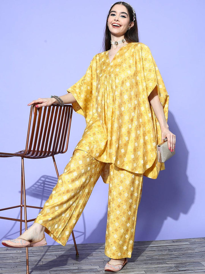Mustard Printed Silk Blend Kaftan Kurta Set With Palazzos