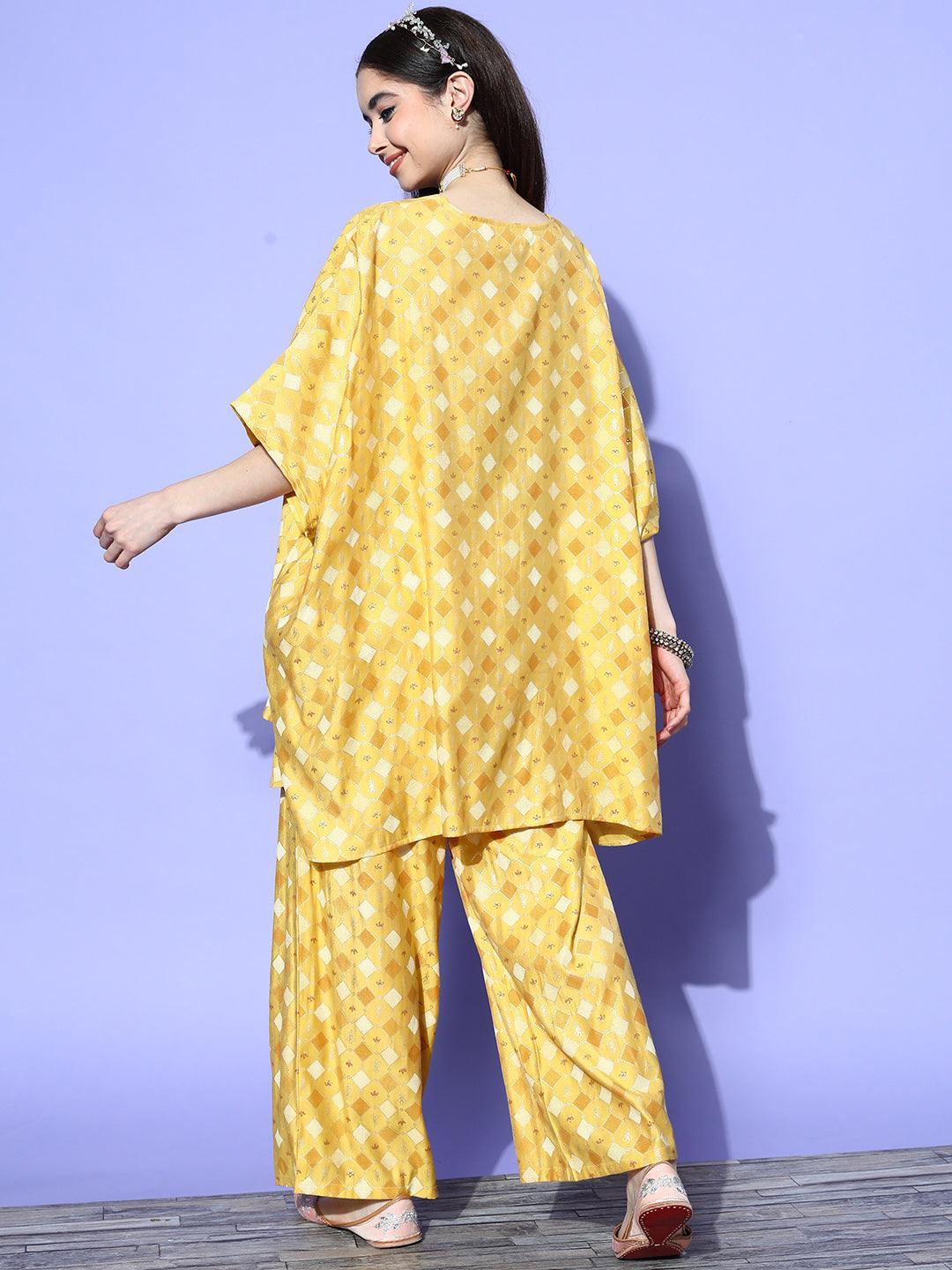 Mustard Printed Silk Blend Kaftan Kurta Set With Palazzos - ShopLibas 