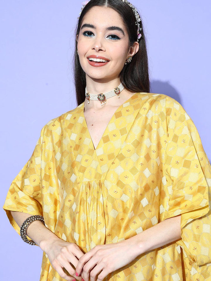 Mustard Printed Silk Blend Kaftan Kurta Set With Palazzos