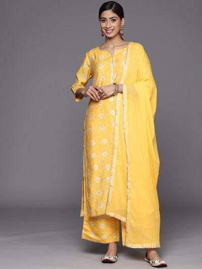 Mustard Printed Silk Blend Straight Suit Set With Palazzos - ShopLibas
