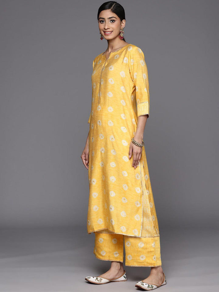 Mustard Printed Silk Blend Straight Suit Set With Palazzos