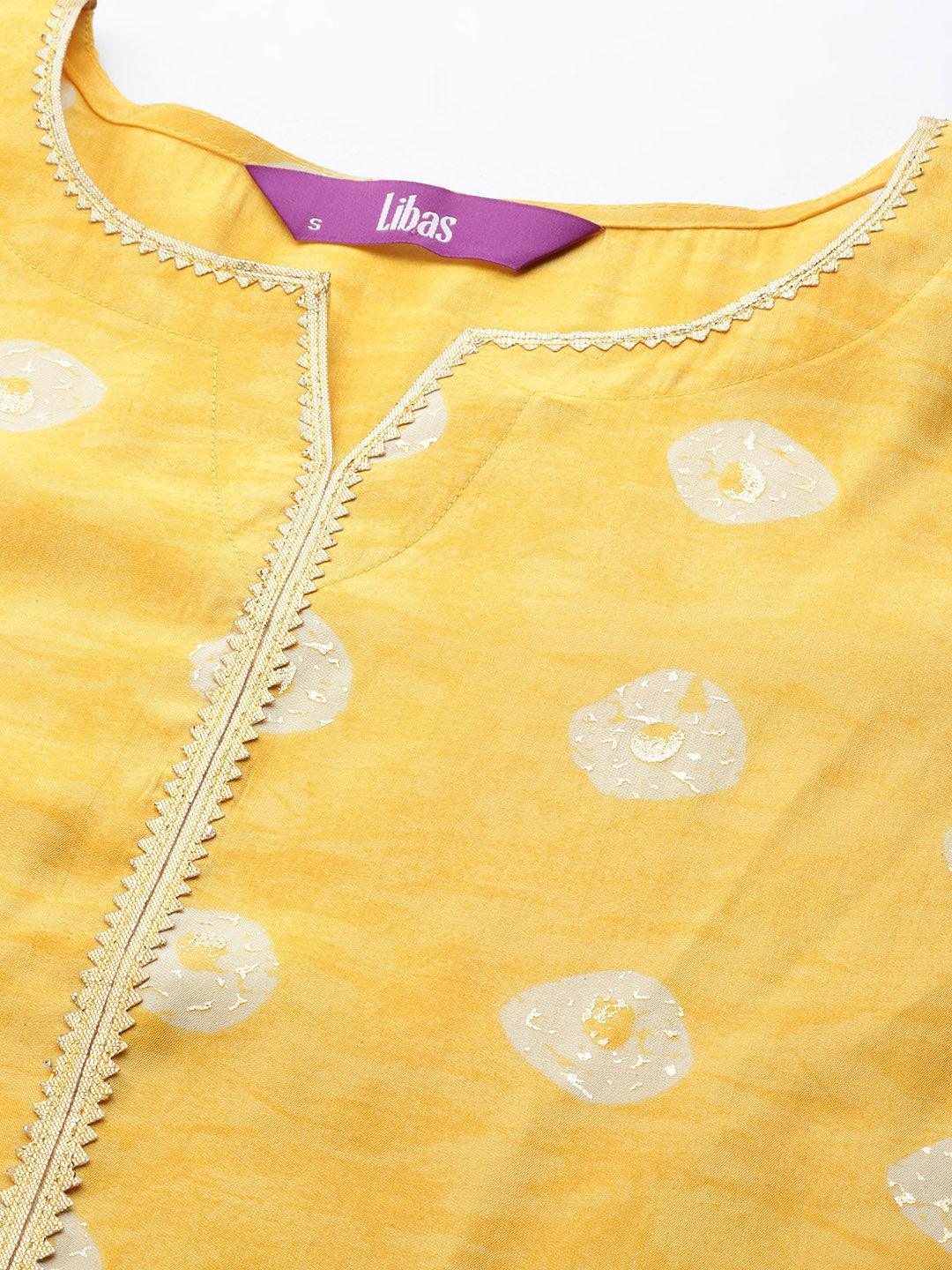 Mustard Printed Silk Blend Straight Suit Set With Palazzos - ShopLibas 