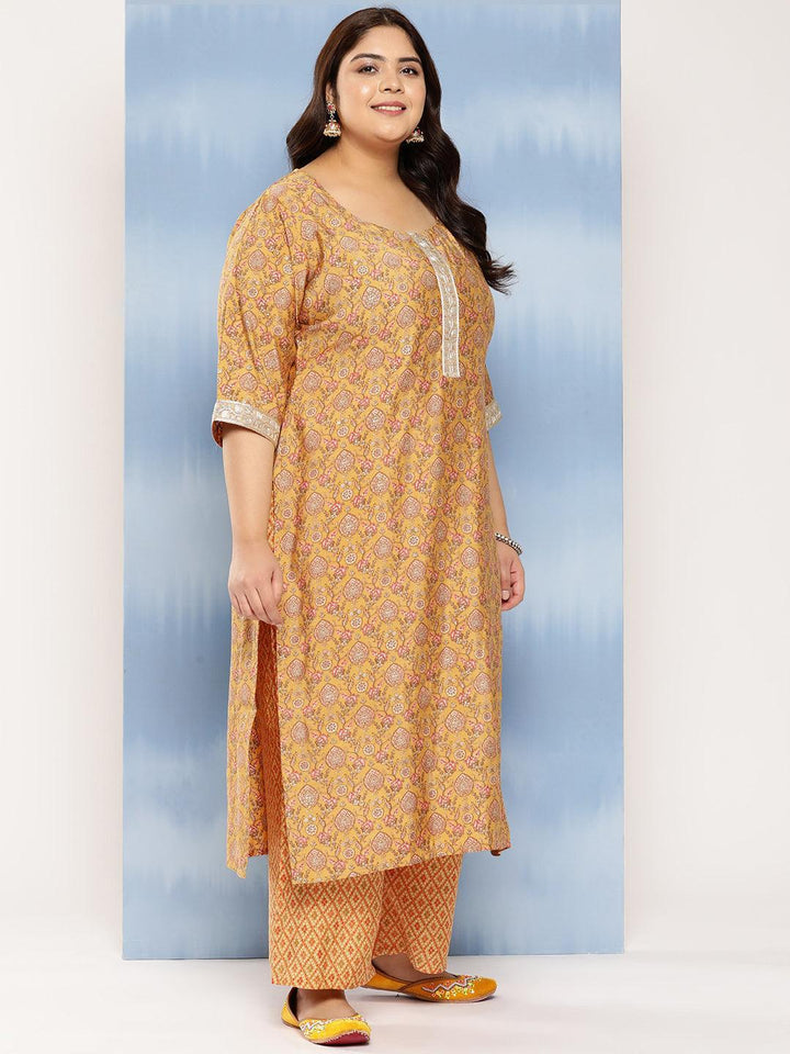 Mustard Printed Silk Blend Straight Kurta With Trousers and Dupatta