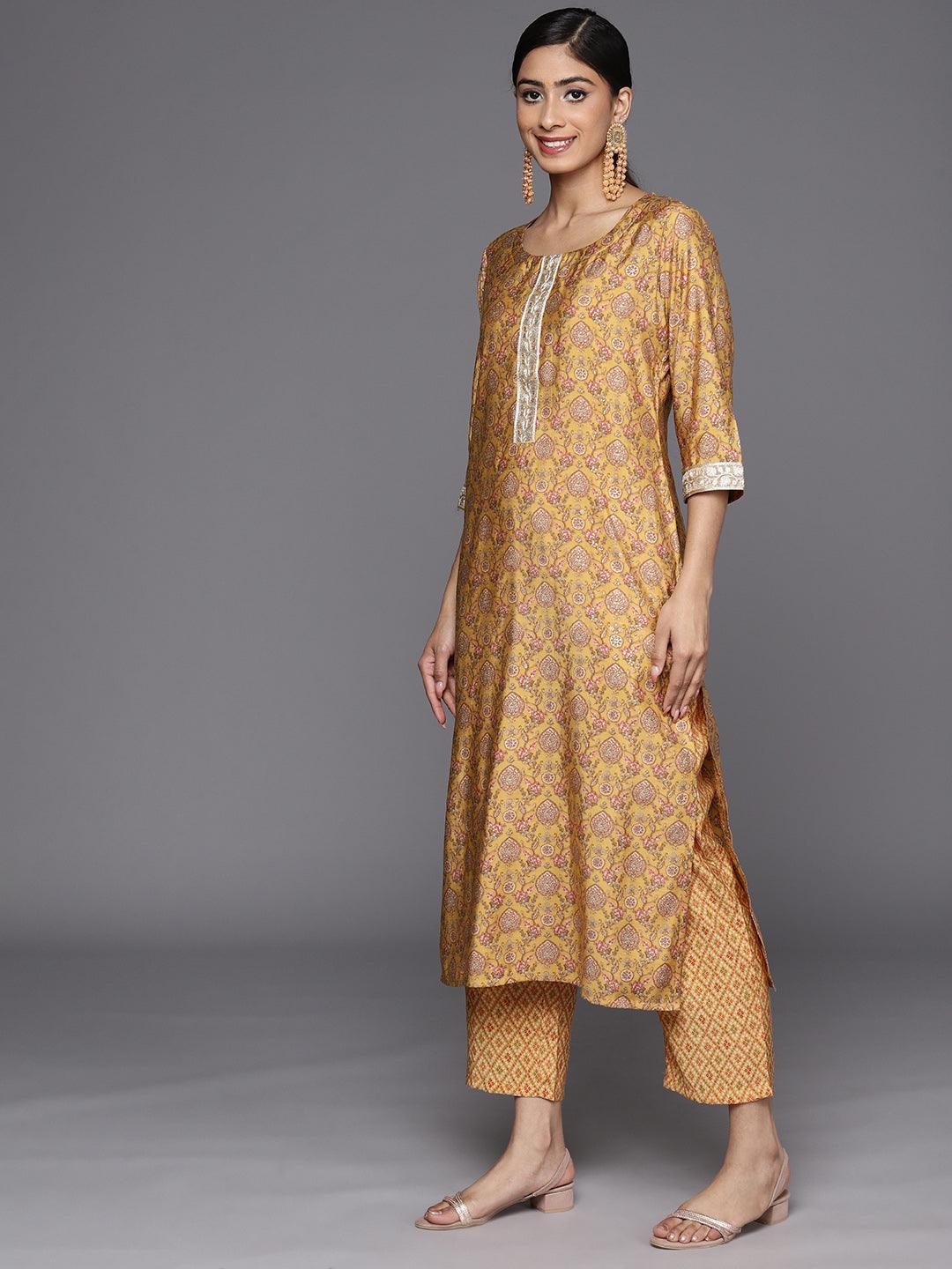 Mustard Printed Silk Blend Straight Suit Set With Trousers - ShopLibas 