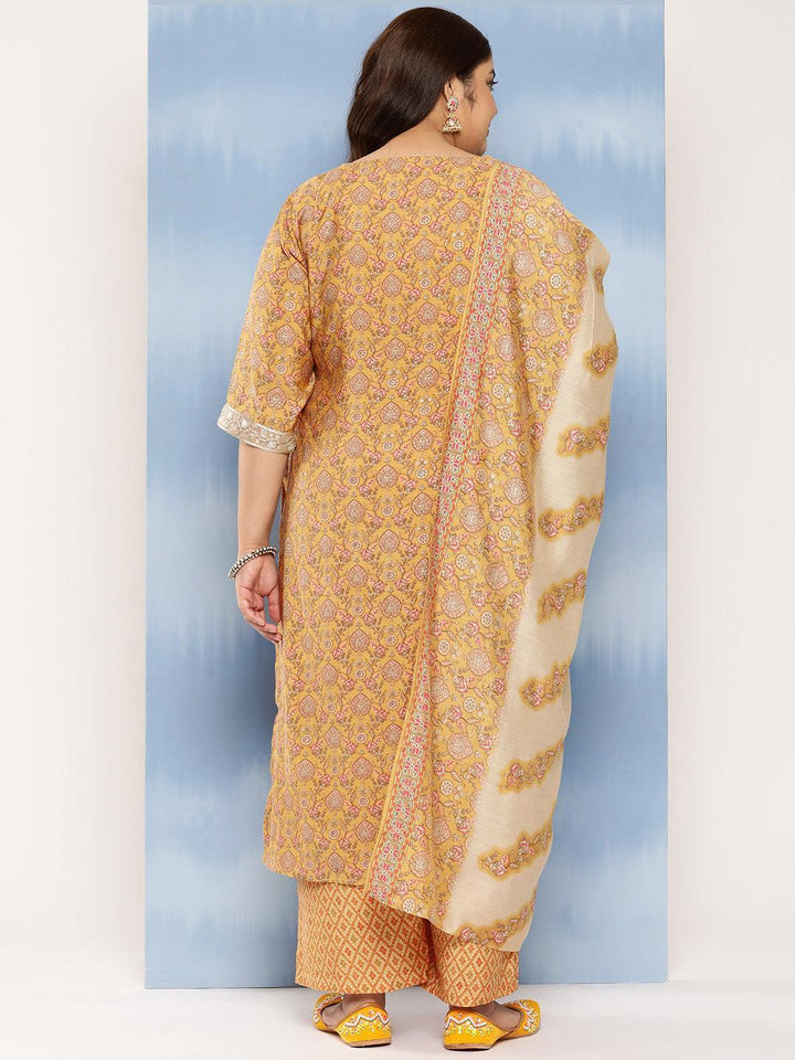 Mustard Printed Silk Blend Straight Kurta With Trousers and Dupatta