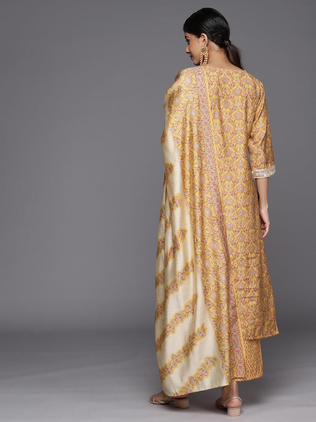 Mustard Printed Silk Blend Straight Suit Set With Trousers - ShopLibas 
