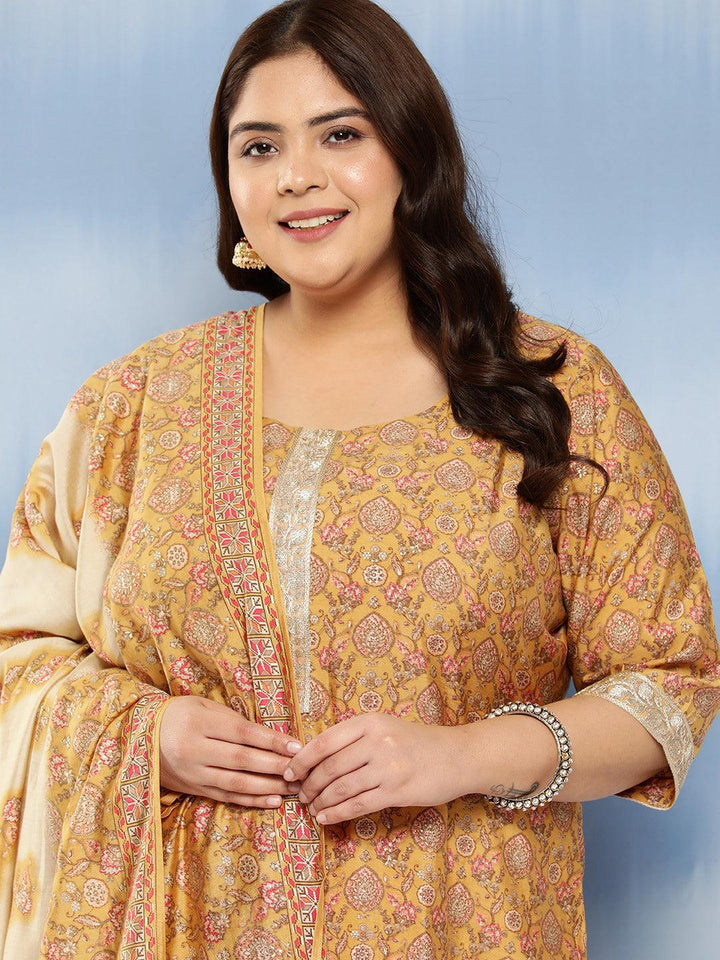 Mustard Printed Silk Blend Straight Kurta With Trousers and Dupatta