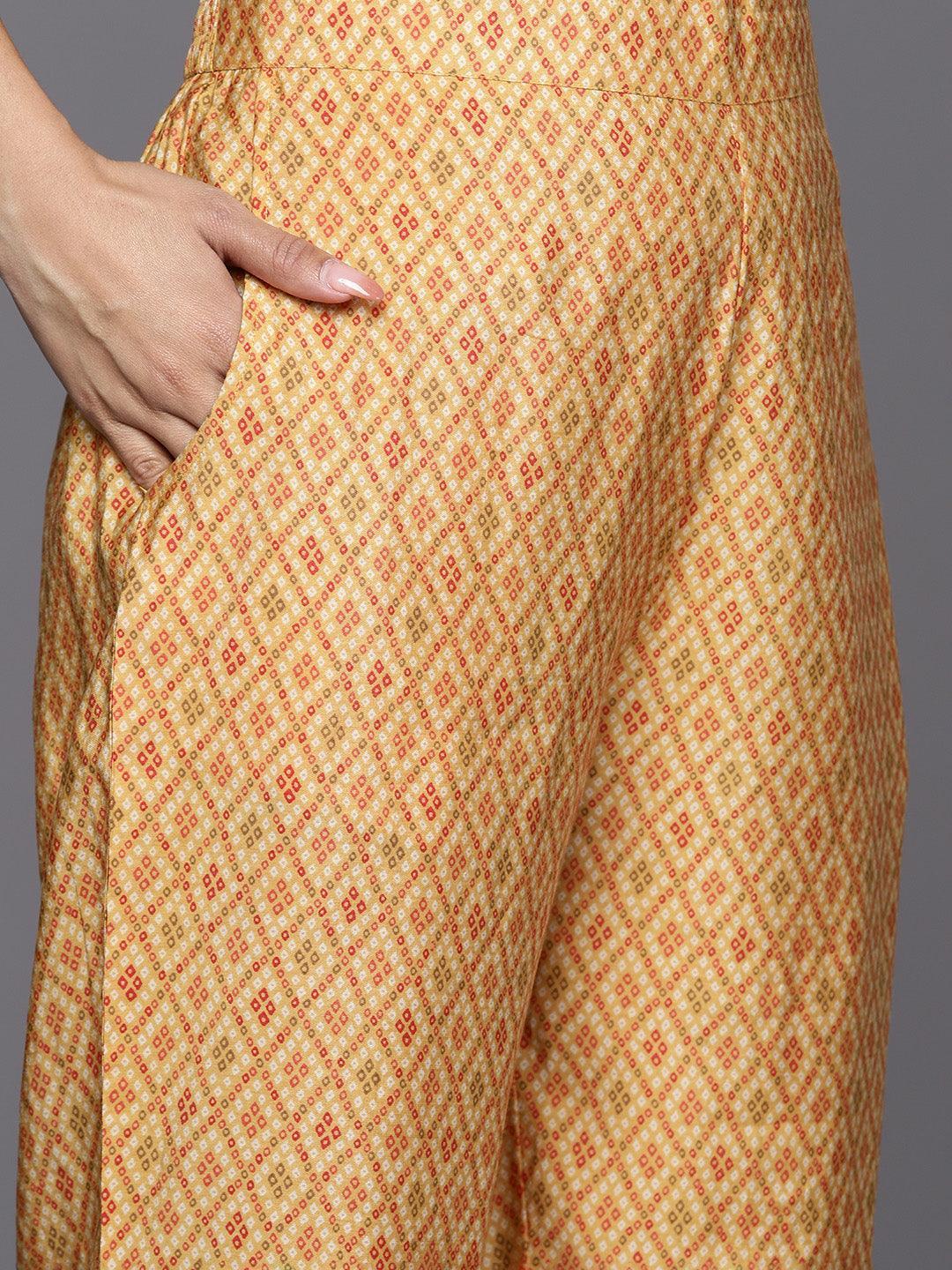 Mustard Printed Silk Blend Straight Suit Set With Trousers - ShopLibas 